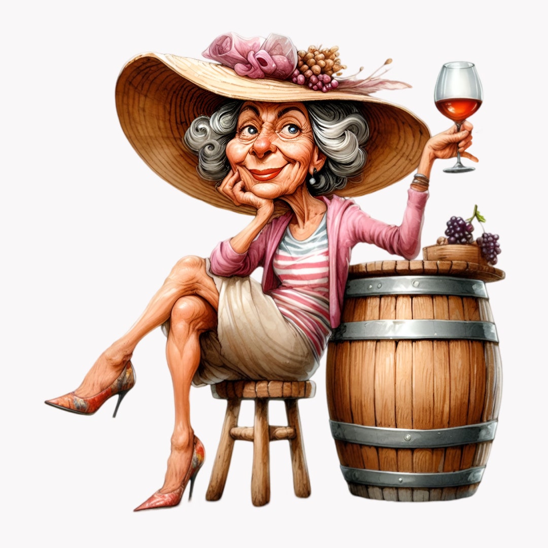 Funny Grandma Drinking Wine Clipart Bundle, Wine Tasting Png, Barrel