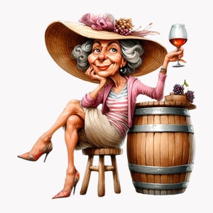 10 Clipart PNG drôle de femme avec du vin - chapeau large, raisins, tonneau, talons, élégante grand-mère tenant le verre, art de la vigne lunatique