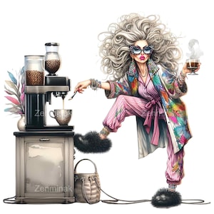 May include: An illustration of a woman in pajamas making coffee. She is wearing a colorful robe, butterfly-shaped sunglasses, and fuzzy slippers. A coffee maker sits on a small cabinet, with a bag and a vase of flowers nearby. The text "Zenminak" is visible.