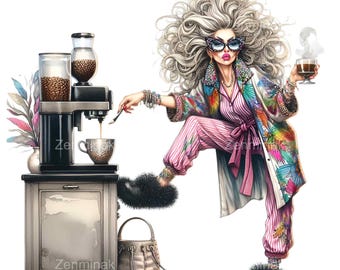 20 PNG Funny Coffee Lady Clipart – Cartoon Pajama Woman with Big Hair and Coffee Maker PNG, Morning Humor for Coffee Lovers