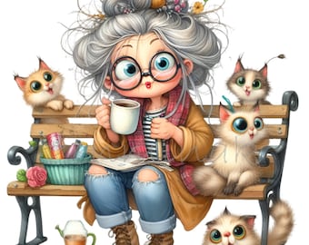 15 PNG Grandma Cats Bench Clipart, Senior Woman Coffee Garden