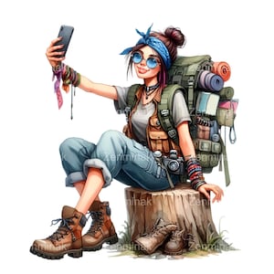 10 PNG Hiking girl clipart – Backpacking PNG – Funny cartoon hiker with gear for travel journal, outdoor stickers and adventure crafts