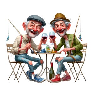 12 grappige vissersvrienden PNG-clipart, oudere vissers die wijn drinken, humoristische cartoonkunst, digitale download