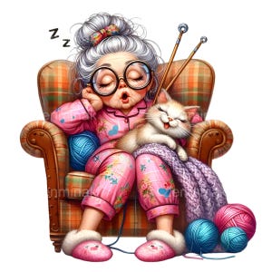 16 cliparts PNG grand-mère endormie - PNG de grand-mère en tricot avec chat - Illustration de pyjama amusante pour les amateurs de laine et les projets créatifs
