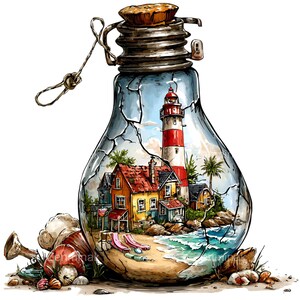 May include: A whimsical illustration of a lighthouse and beach houses inside a broken lightbulb. The lighthouse is red and white, with a blue sky background. The houses are yellow, orange, and blue, with a sandy beach and ocean in the foreground.
