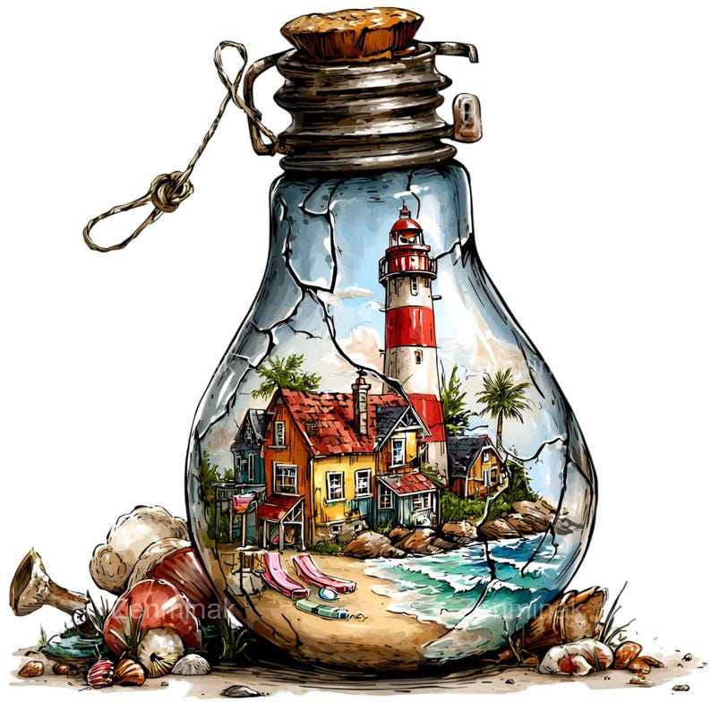 May include: A whimsical illustration of a lighthouse and beach houses inside a broken lightbulb. The lighthouse is red and white, with a blue sky background. The houses are yellow, orange, and blue, with a sandy beach and ocean in the foreground.