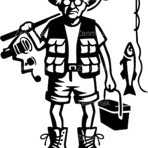 5 SVG de pescador gruñón, clipart de hombre serio con caja de pesca y aparejos, silueta de viejo pescador para Cricut y corte láser