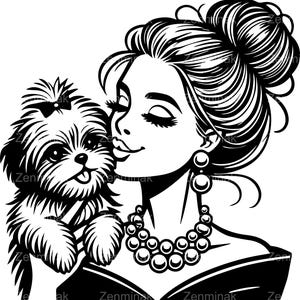 8 SVG Donna con cucciolo SVG, Donna che bacia un cane soffice con fiocco orecchini collana file di taglio per Cricut Silhouette
