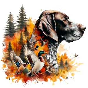 Imágenes prediseñadas de perro pointer y patos silvestres, escena de caza de otoño, impresión artística de vida silvestre en acuarela, 12 PNG