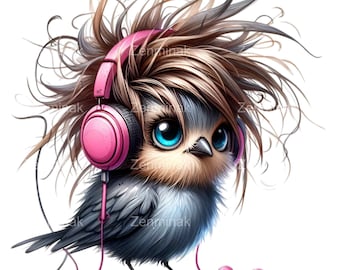 12 PNG Music Bird Clipart – Cute Owl PNG – Whimsical Rock Star Bird with Headphones for Scrapbooking, Kids Room Decor or Fun Crafts