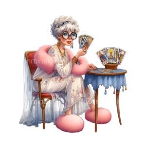 20 PNG drôle de lecture de tarots PNG Clipart – pyjama glamour, chignon désordonné, verres surdimensionnés, tenant des cartes de tarot, café et vin