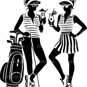 5 archivos de corte SVG de golfistas femeninas, escena de bolsa de golf con bebidas y viseras para Cricut Silhouette Vinyl Crafts.