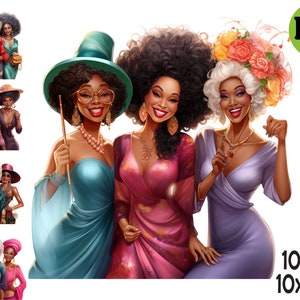 10 Eleganckich Kobiet PNG w Vintage Sukienki Clip Art, Afrocentryczna Ilustracja Mody PNG, Zestaw Sztuki Cyfrowej W Stylu Retro