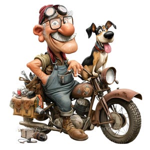 May include: A cartoon illustration of an elderly man with a large moustache, wearing overalls, goggles, and a red cap, sitting on a rusty motorcycle. A dog with a red collar sits on the front. A toolbox is attached to the side.
