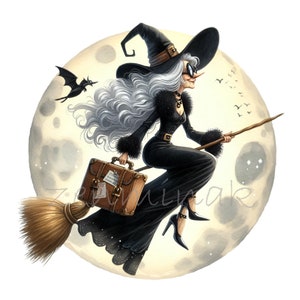 Elegante bruja en escoba Clipart 15 PNG - Fondo de luna llena, bruja volando con maleta, perfecto para diseños de Halloween