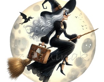 15 PNG Elegante Strega Volante Scopa Luna Piena Valigia Clipart