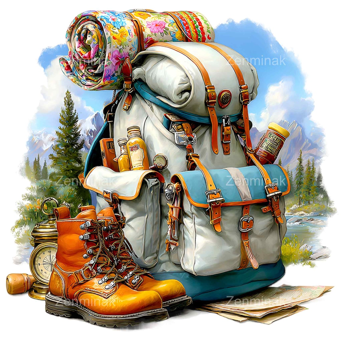 15 PNG Hiking Backpack Clipart, Camping Travel Gear Illustration ...