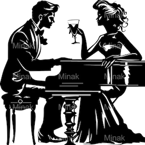 5 archivos SVG de pareja romántica con piano: hombre tocando el piano, mujer con copa de vino. Elegante silueta nocturna para manualidades y regalos.