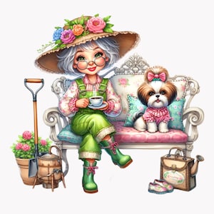Bundle de cliparts drôle de grand-mère buvant du café, jardin de grand-mère Png, clipart Shih Tzu, chiot des cliparts, téléchargement numérique, 10 PNG