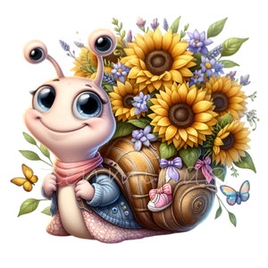 12 niedliche Schnecke mit Sonnenblumen PNG Clipart, lächelndes Garteninsekt in der Jacke, Blumenschale mit Bögen und Schmetterlingen, wunderliche Frühlingskunst