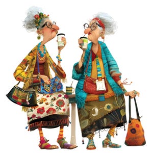 May include: An illustration of two elderly women, each holding a coffee cup and wearing colorful, patterned clothing. One woman wears a yellow jacket, the other a blue jacket. Both have glasses and carry purses. The image has a whimsical, cartoonish style.