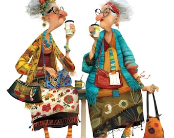 15 PNG Quirky Senior Women, Friends Coffee Fashion Clipart