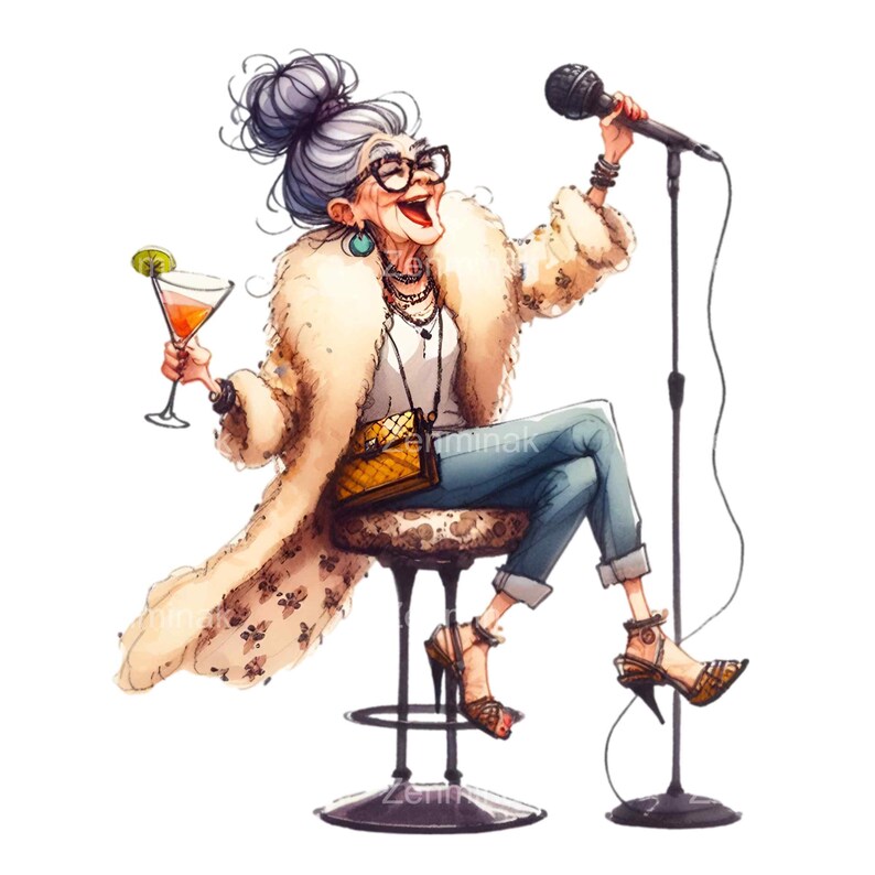 17 PNG Singing Lady Clipart – Funny Senior Singer – Whimsical Character ...