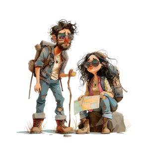 May include: Illustration of two hikers, a man and a woman, wearing sunglasses and backpacks. The man holds a walking stick and the woman is seated, holding a map. They are dressed in hiking attire, including boots and jeans, against a white background.