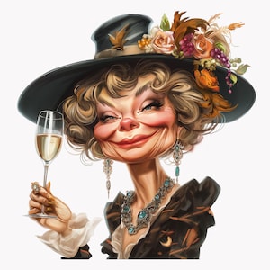 10 divertenti eleganti donne PNG Clipart – bicchiere di champagne, grande cappello con fiori, gioielli, caricatura stile donna, arte umoristica vintage