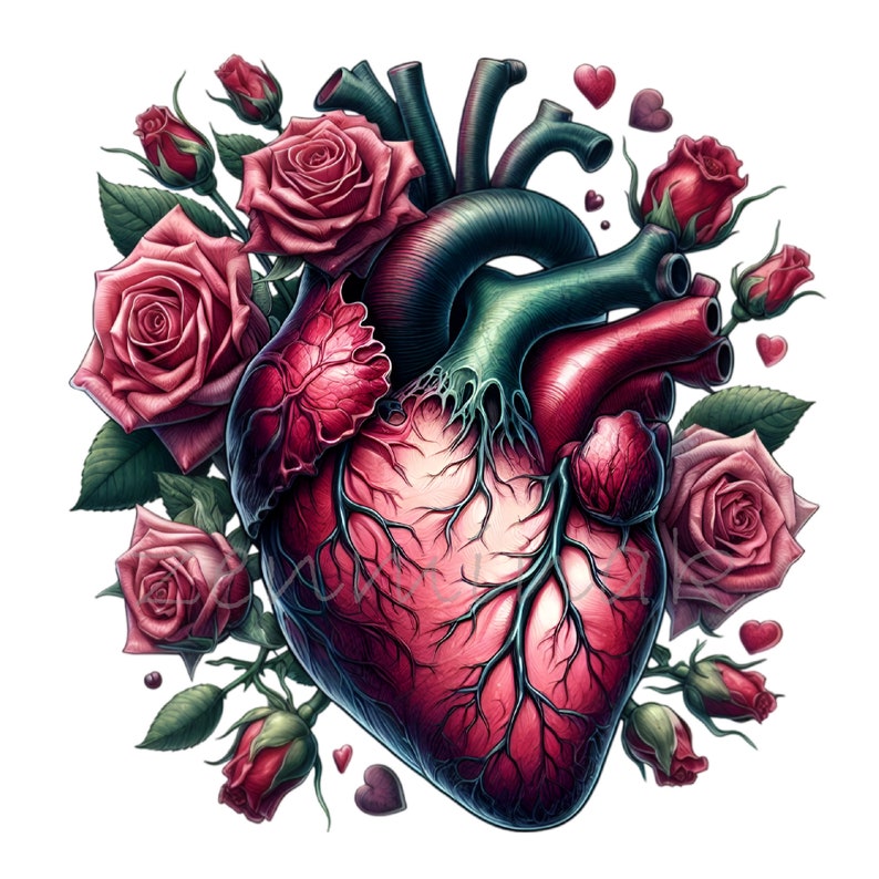 Gothic Heart With Black Roses 12 PNG Anatomical Cartoon Illustration