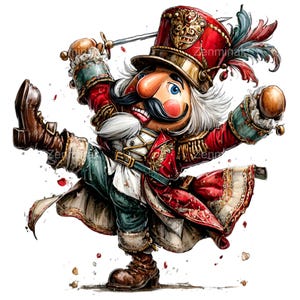 May include: A whimsical illustration of a nutcracker soldier in a dynamic pose. The nutcracker wears a red coat with gold trim, a tall hat, and holds a sword and a small object. The character has a large nose, a black mustache, and is set against a white background.