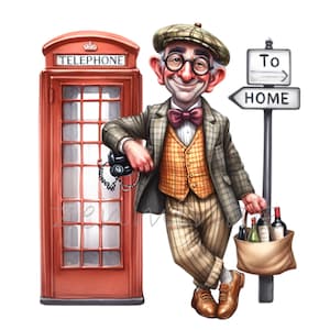 Puede incluir: Una ilustración de dibujos animados de un hombre con una chaqueta de tweed y una gorra plana, sosteniendo una bolsa de botellas de vino y un teléfono vintage. Está de pie junto a una cabina telefónica roja con la palabra "TELEPHONE" en ella. Un letrero sobre él dice "To HOME".