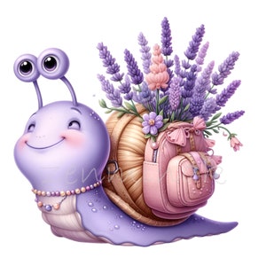 10 Lila Schnecke PNG Clipart mit Lavendel Bouquet, süßes Kawaii PNG für digitale Aufkleber, Scrapbooking und Bastelprojekte