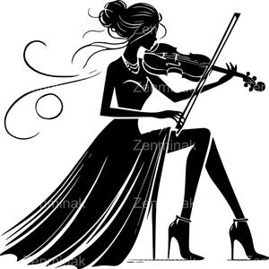 6 SVG de elegante mujer violinista (SVG): silueta de mujer tocando el violín. Clipart de músico para decoración de conciertos, tarjetas y manualidades.