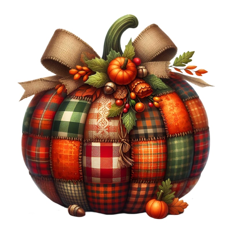 Puede incluir: Una calabaza de patchwork con una cinta marr&oacute;n y decoraciones de oto&ntilde;o. La calabaza est&aacute; hecha de diferentes telas de cuadros de colores y tiene un tallo verde.
