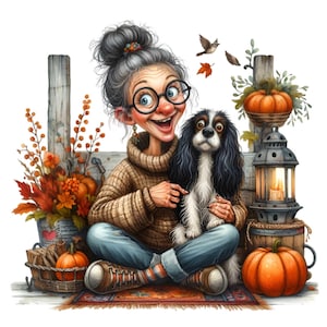 Affascinante Clipart autunnale 14 PNG di una donna stravagante con un cane, circondata da zucche e lanterne, perfetta per l'arredamento autunnale