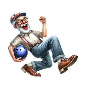 May include: An illustration of an elderly man celebrating a bowling victory. He wears a cap, glasses, and suspenders, holding a blue bowling ball. His expression is joyful, with his fist raised in triumph. He is wearing brown shoes and blue jeans.