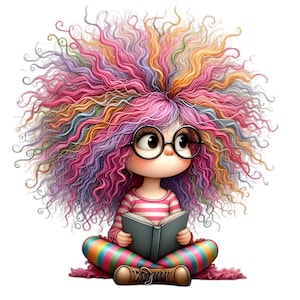 Ragazza riccia colorata che legge PNG - 10 stravaganti disegni per bambini con occhiali e vestito a righe per decorare i bambini