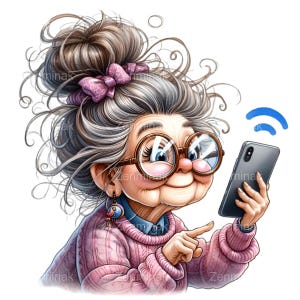 Tech Grandma PNG, Funny Senior Woman Clipart, Modern Grandmother Art