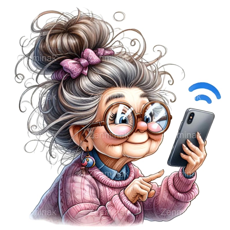 Tech Grandma PNG, Funny Senior Woman Clipart, Modern Grandmother Art