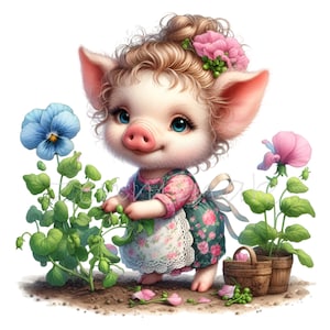 15 imágenes prediseñadas de cerdo de jardín de flores, lindo cerdito con delantal con guisantes y flores, arte de animales de granja de primavera para niños