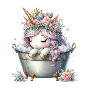 12 PNG Unicorno da bagno PNG – Carino unicorno pastello con corona di fiori nella vasca idromassaggio – Clipart stravaganti per bambini, stampe da spa o decorazioni per la cameretta dei bambini