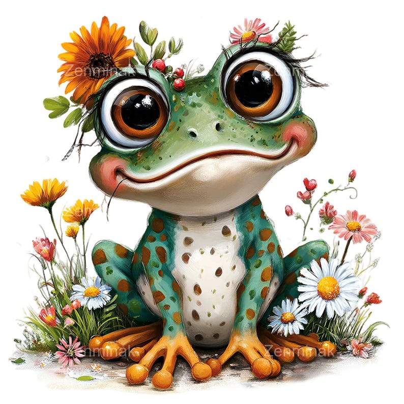 May include: A whimsical illustration of a frog with large, expressive eyes and a cheerful smile. The frog is green with turquoise spots and wears a floral crown. It is surrounded by colorful wildflowers, including daisies and sunflowers.