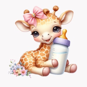 10 png babyshower png – Schattige babygiraf met fles en roze strik, perfect voor kinderkamerafdrukken, uitnodigingen voor babyshowers voor meisjes, stickers of decor