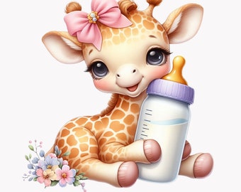 10 png babyshower png – Schattige babygiraf met fles en roze strik, perfect voor kinderkamerafdrukken, uitnodigingen voor babyshowers voor meisjes, stickers of decor