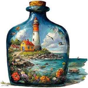 Puede incluir: Una impresión artística de una escena de faro dentro de una botella de vidrio azul. El faro blanco tiene una parte superior roja, junto a una casa amarilla. Flores coloridas y pájaros rodean la escena.