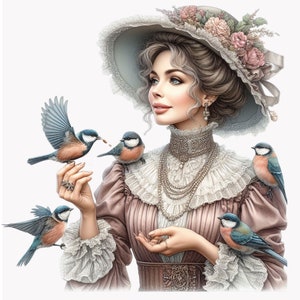 Puede incluir: Ilustración de una mujer con un vestido y sombrero vintage, adornada con flores y encaje. Varios pájaros pequeños con plumas azules, naranjas y blancas se posan en sus manos y hombros, creando una escena caprichosa y elegante.