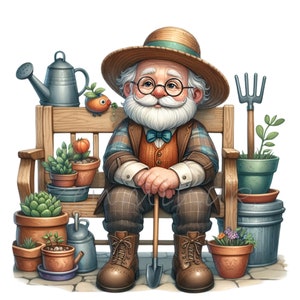 14 imágenes prediseñadas de abuelo jardinero con plantas, pala y macetas / Ilustración de anciano adorable / Diseño de arte de jardinería imprimible