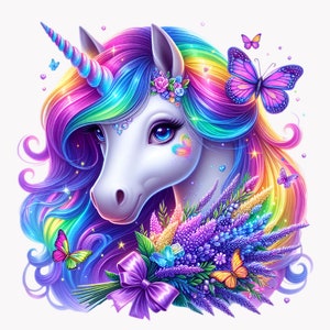 10 PNG Unicorno Arcobaleno - Clipart PNG di Unicorno Magico con Fiori e Farfalle - Arte Fantasy Graziosa per Lavoretti per Bambini e Decorazioni per Feste