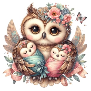 10 maman hibou avec bébés PNG Clipart, illustration florale de famille hibou avec fleurs et enveloppements pastel, art de la forêt de chambre d'enfant
